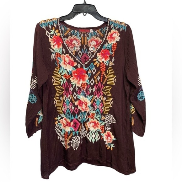 Johnny Was Embroidered Tunic Top Aztec Floral Bohemian Blouse Colorful Pattern - Picture 2 of 7